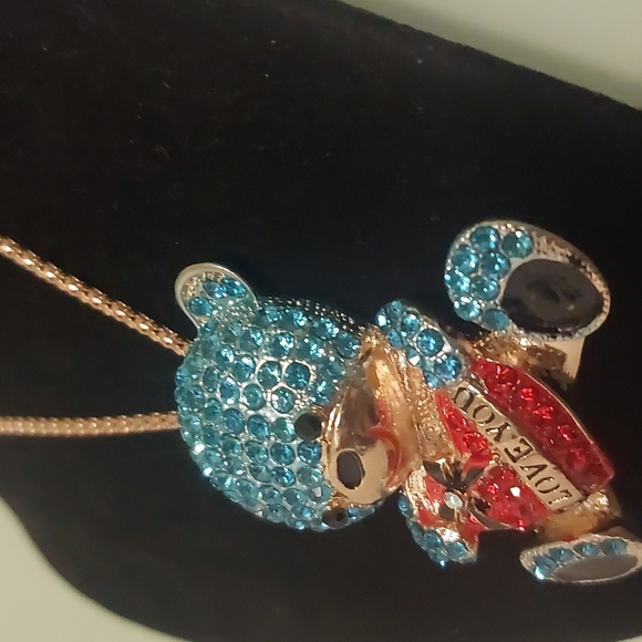 Betsey Johnson Gold Toned Blue Rhinestone Teddy Bear Red Heart Pendant Necklace - Picture 5 of 17